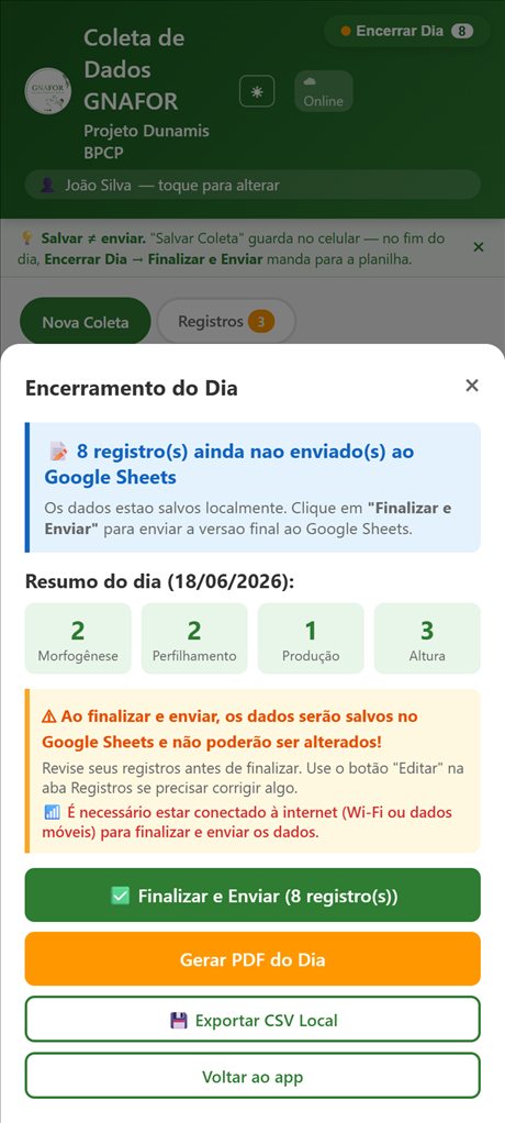 Encerramento do dia, com resumo dos registros e envio à planilha