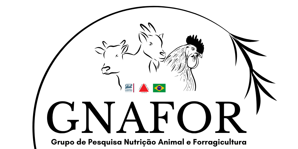 Marca horizontal do GNAFOR, com bovino, caprino e galo sob um arco e o nome do grupo por extenso